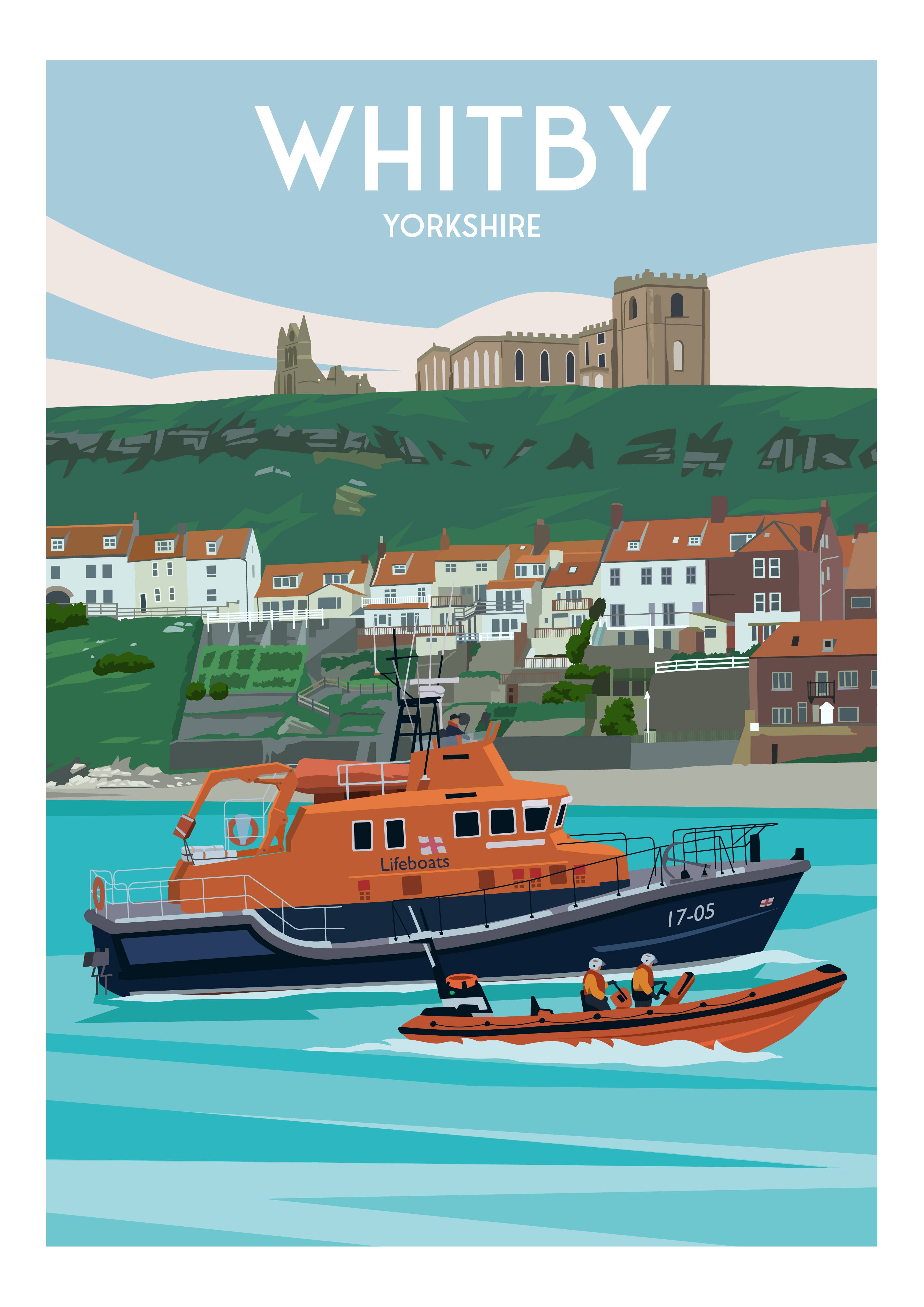 Printagonist – wholesale Art print – Whitby Abbey Travel Poster featuring Lifeboat - Art Print1