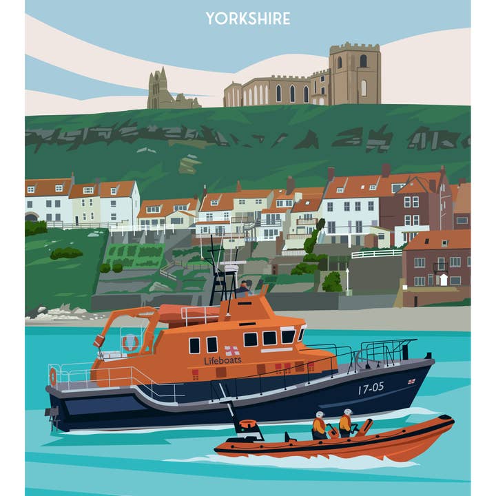 Printagonist – wholesale Art print – Whitby Abbey Travel Poster featuring Lifeboat - Art Print1