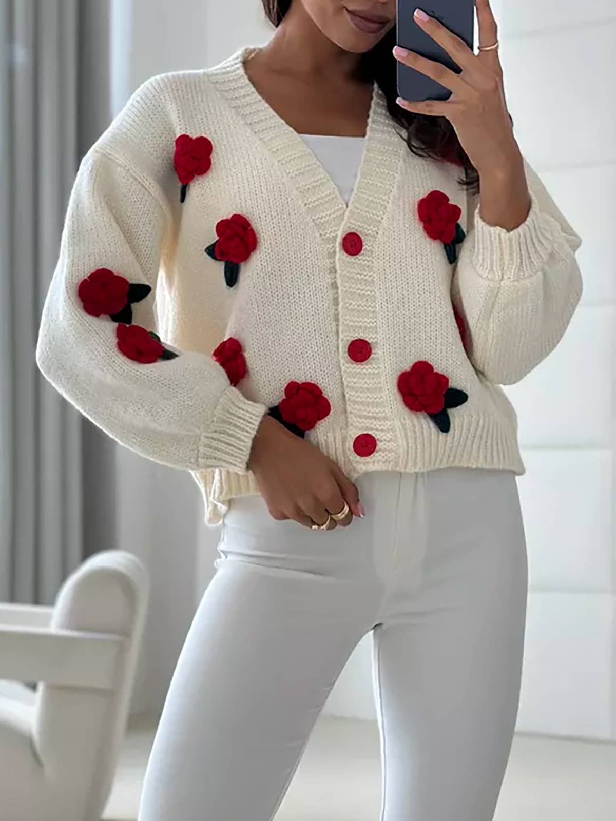 Rosa Clothing - Vente Cardigan – femme - joli cardigan en tricot à fleurs 3D avec petite boule de rose6