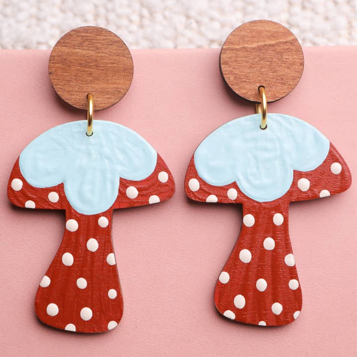 Polka Dot Mushroom Earrings for wholesale by Mushroom Menagerie