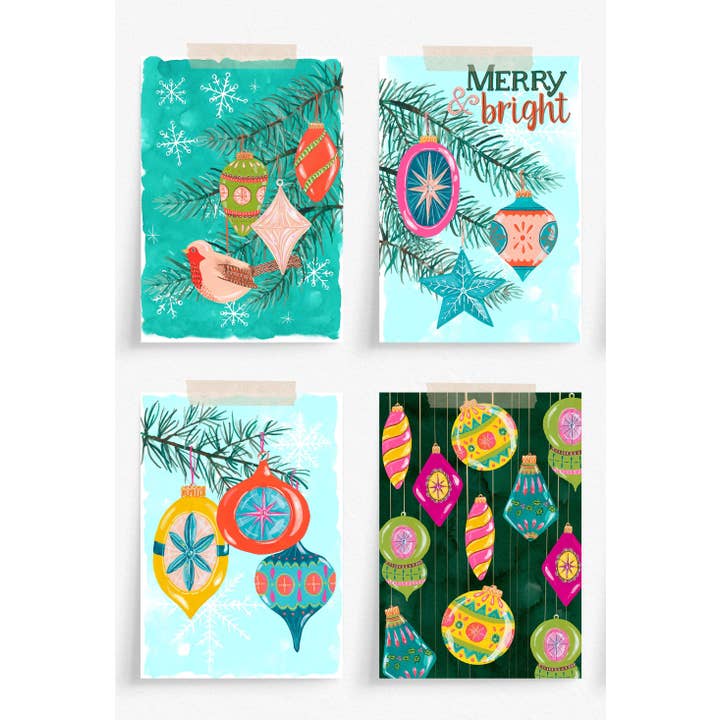 Set di 4 biglietti natalizi vintage con palline per la vendita all'ingrosso da parte di Mermaid's Coin Surf Art * By Hannah Katarski