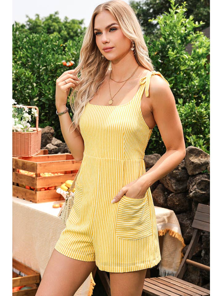 As shown Stripe Shoulder Tie Smocked Back Wide Leg Casual Romper for wholesale on Faire