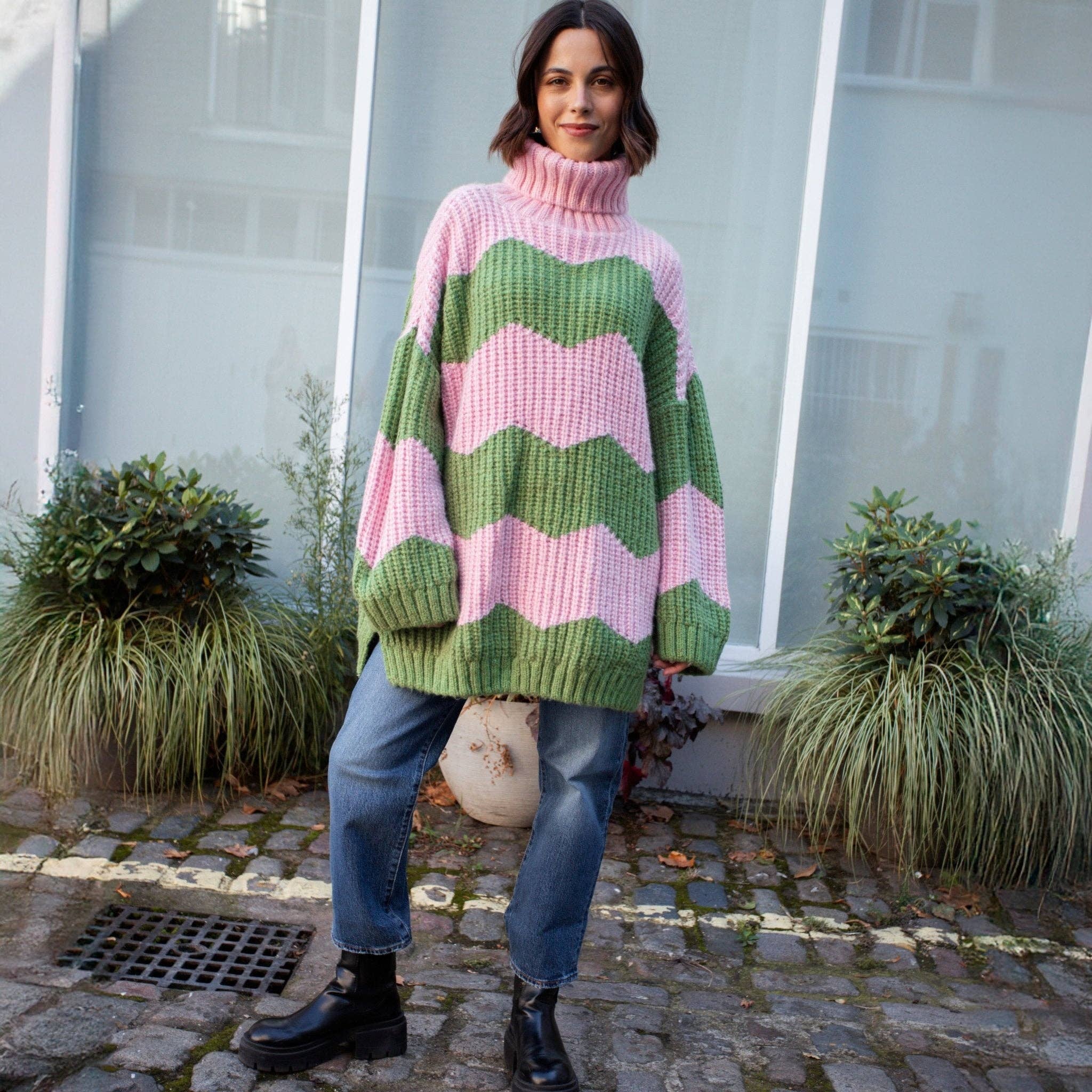 Cara & The Sky - Wholesale Dress - Women's - Nelly Chevron Roll Neck Knitted Jumper Dress - Pink6