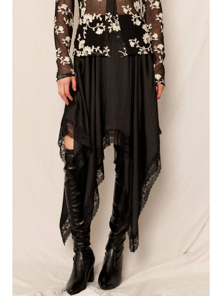 Black Uneven Hem Lace Trim Midi Skirt for wholesale on Faire