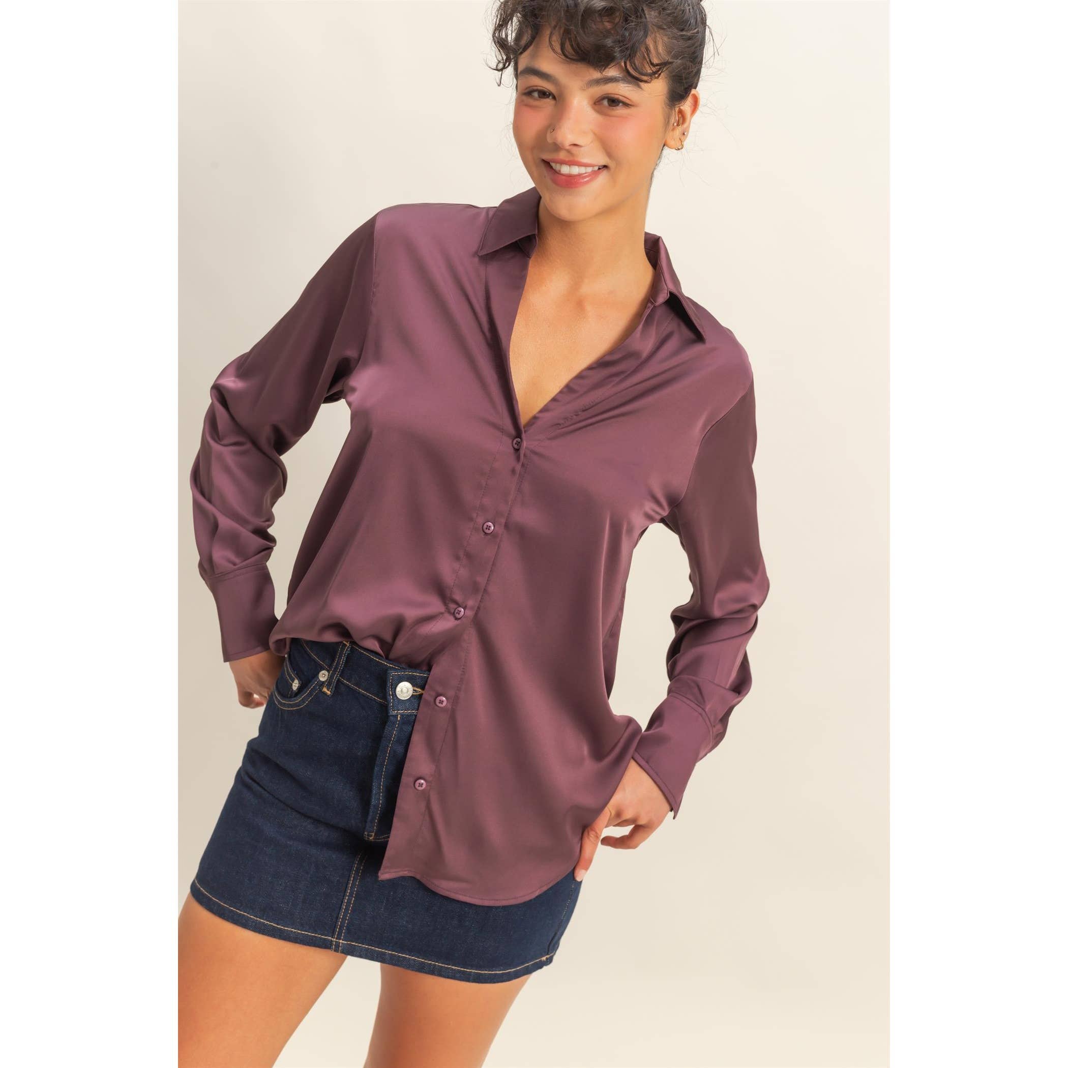 Double Zero - Wholesale Blouse - Women's - Button-Up Satin Shirt With Collared Neckline9