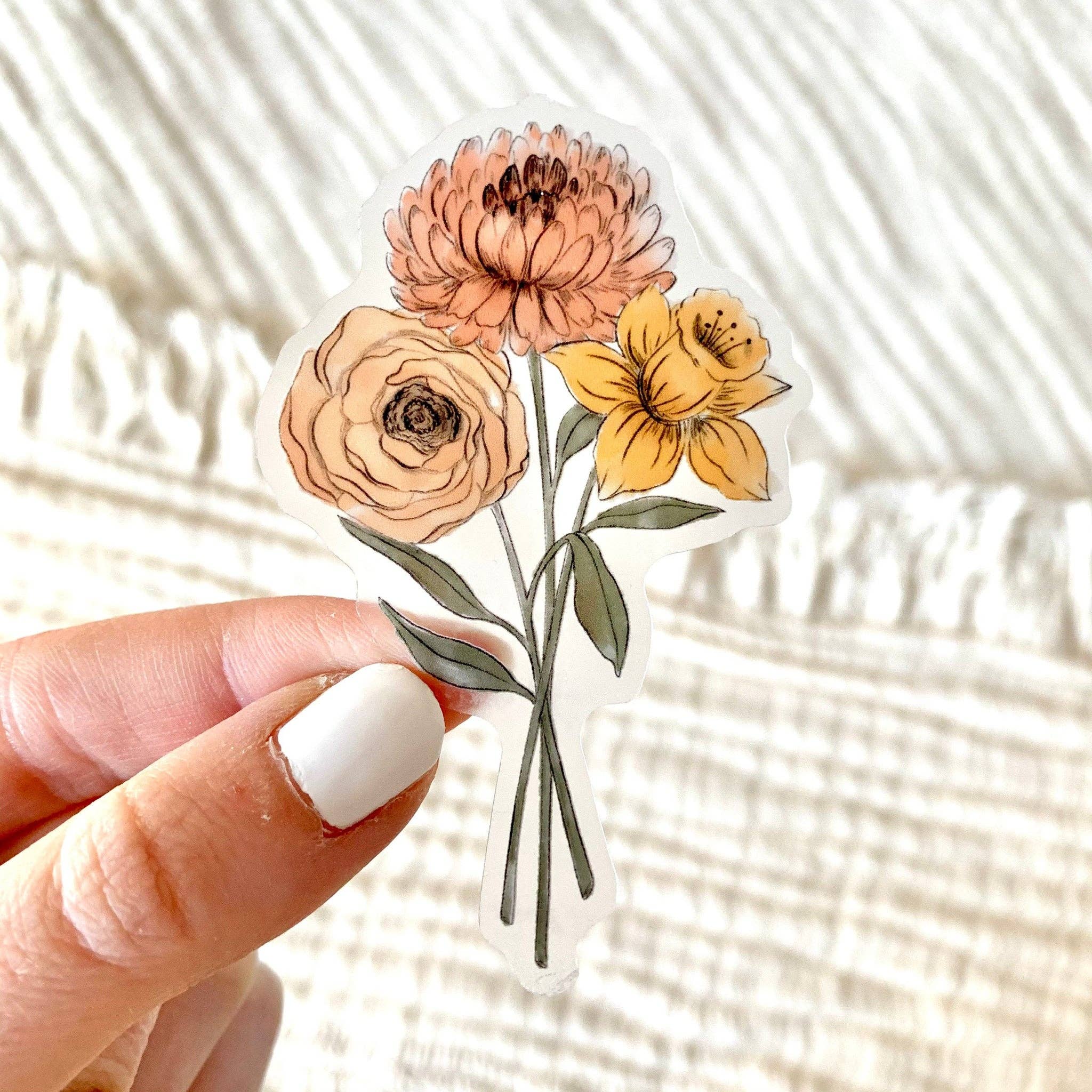 Elyse Breanne Design - Wholesale Sticker - Clear Daffodil and Chrysanthemum Sticker, 3x2in.2