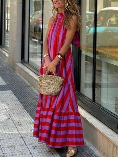 RoseRed Halterneck Backless Striped Print Maxi Dress for wholesale on Faire0