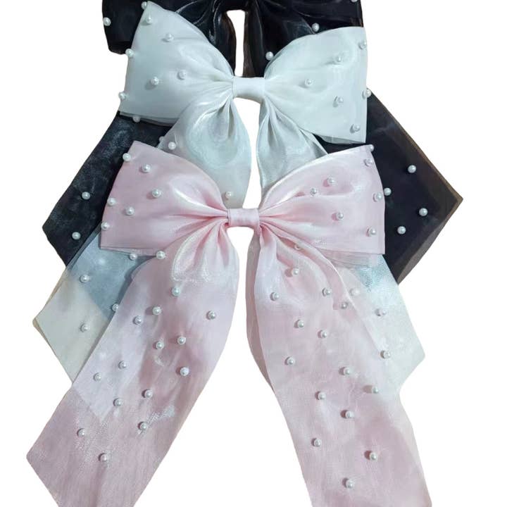 New TikTok Long Chiffon Pearl Hair Bows for Spring 3 Colors for wholesale by Mavi Bandz