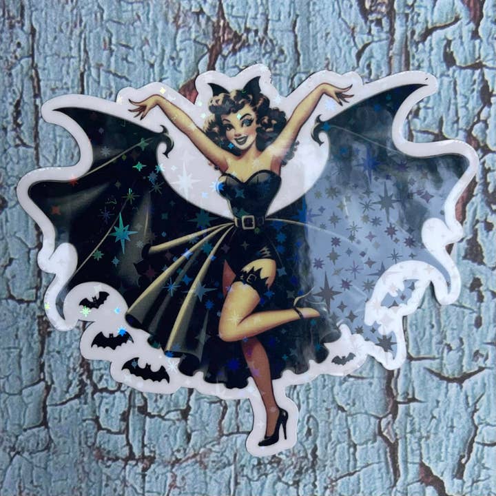 Adhesivo de vinilo troquelado de Halloween Bat Girl Pinup para venta al por mayor de Prairie Chicken Sticker Shop & Gifts