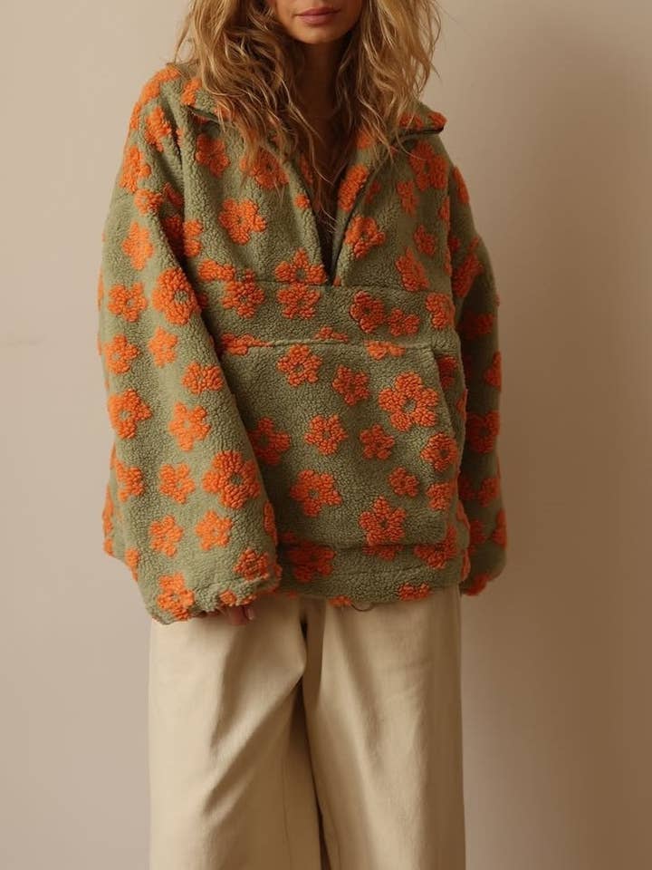 Rosa Clothing - Wholesale Sweatshirt - Women's - Floral Sherpa fleece quarter zip oversized sweatshirt jacket4