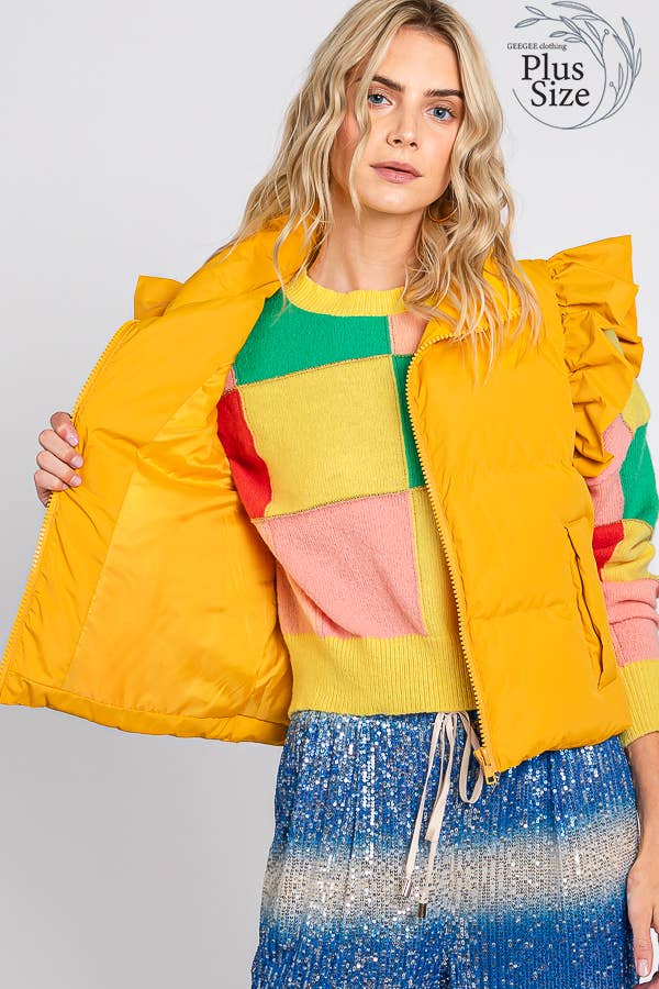 GeeGee x Lovelo - Wholesale Outerwear Vest - Women's - Plus Ruffled Sleeve Puffer Vest, MJ4501PL46