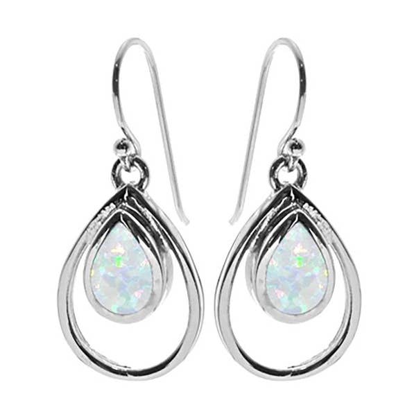 Antoinette traanvormige witte opalique oorbellen met draadomlijsting voor wholesale door Kali Ma Designs - Sterling Silver Jewellery