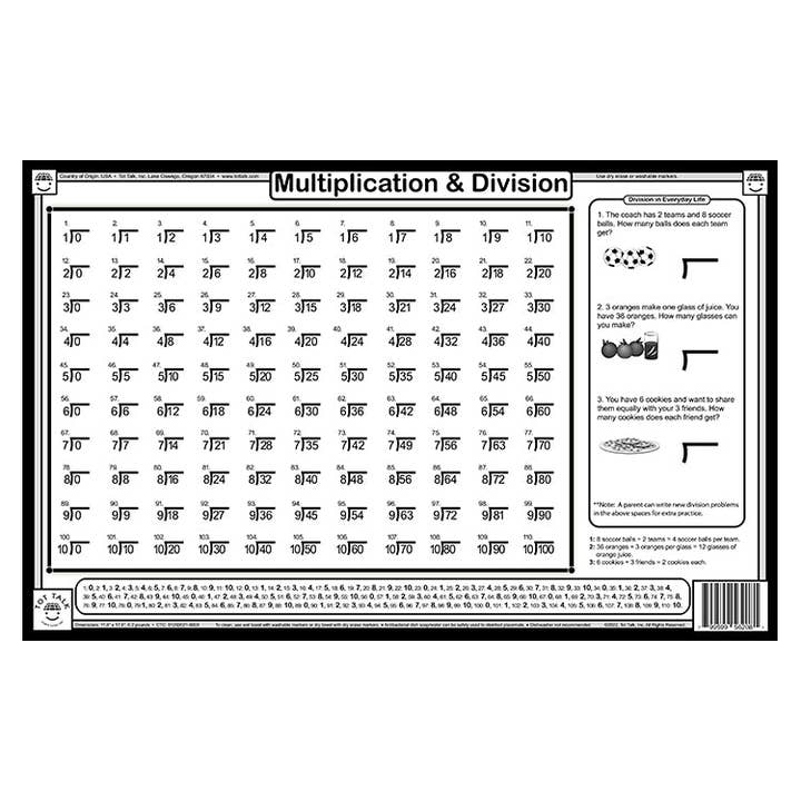 Tot Talk, Inc. - Wholesale Platemat - Kids & Baby - Multiplication and Division Placemat