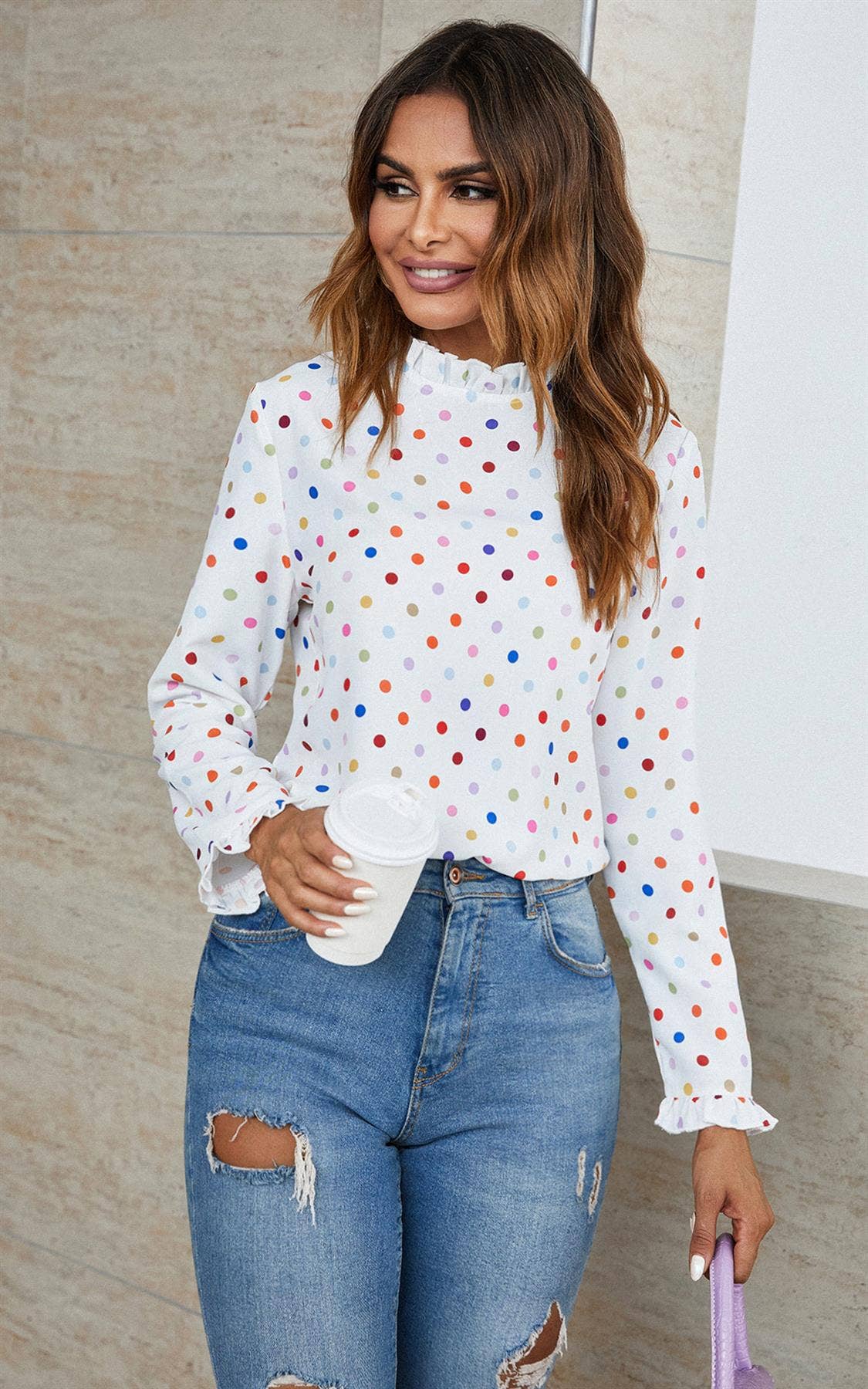 Polka Dot Print Frill Detail High Neck Top In White for wholesale on Faire0