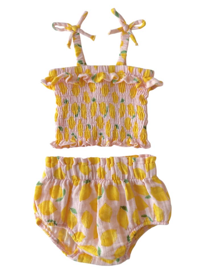 SIIX Collection - Wholesale Clothing Set - Baby - Lemon Sorbet / Muslin Smocked Ruffle Top & Bloomer