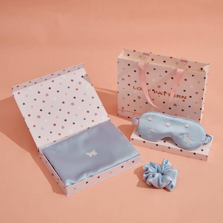 Blue "Pan Pan" 3 Piece Silk Gift Set - Silk Pillowcase & Silk Sleep Eye Mask & Silk Scrunchie for wholesale on Faire