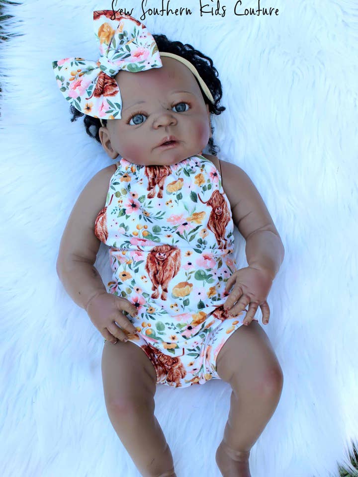 Baby Girl Highland Cow Halter Romper for wholesale by Sew Southern Kids Couture