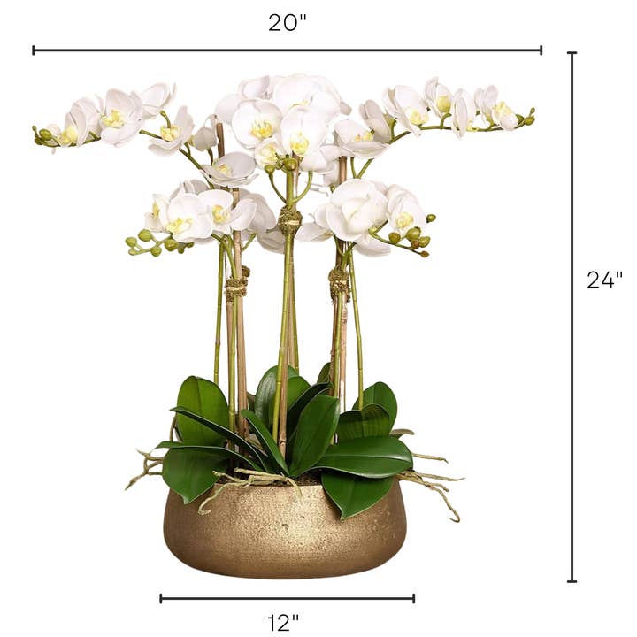 Vivian Rose LLC - Wholesale Artificial Flowers - Faux white orchid arrangement in matte gold planter