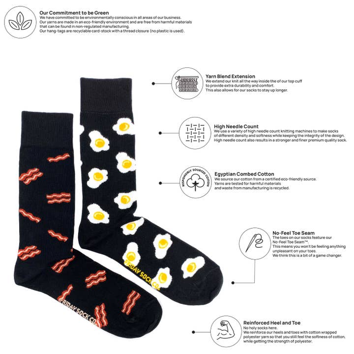 Friday Sock Co. - Vendita all'ingrosso Calzini - Uomo - Calze da uomo con design uova e bacon abbinate in modo diverso2