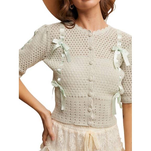 Vintage Charm Satin Bow Knit Cardigan for wholesale by Blue Bunny Inc