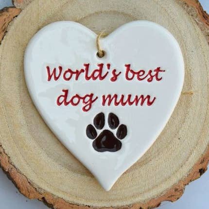 Pets - World's best dog mum - Handmade ceramic heart for wholesale by Broadlands Pottery