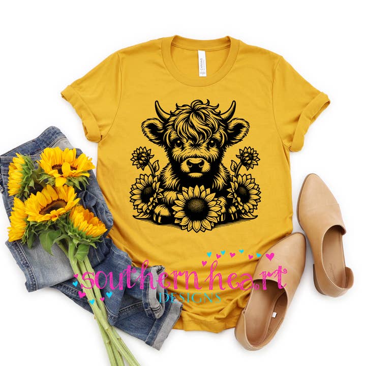 Highland Cow Sunflower T Shirt for wholesale by Southern Heart Designs