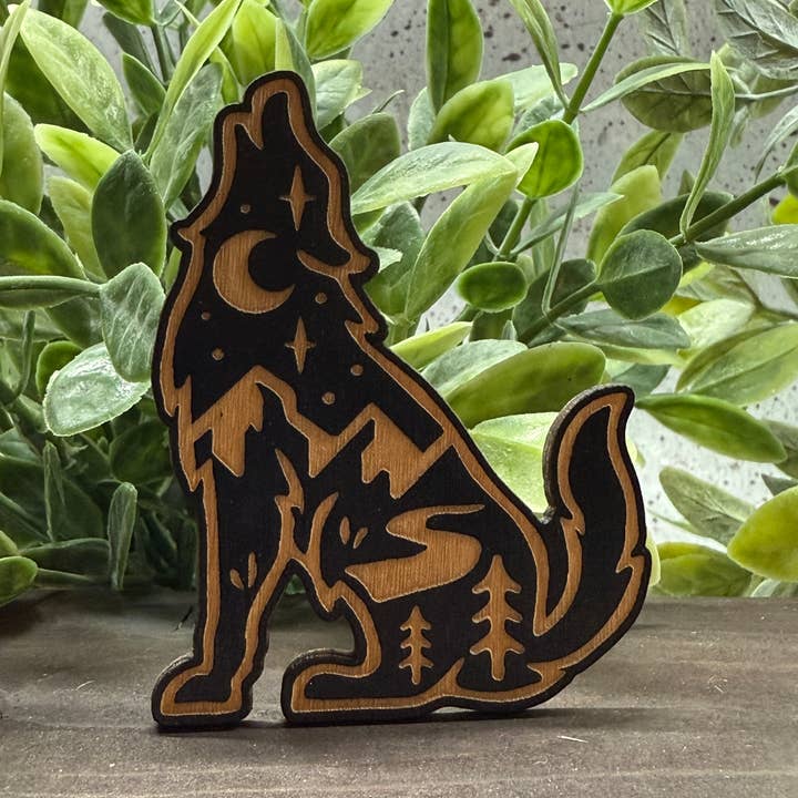Howling Wolf Wood Magnet for wholesale by Blaze Design Co.