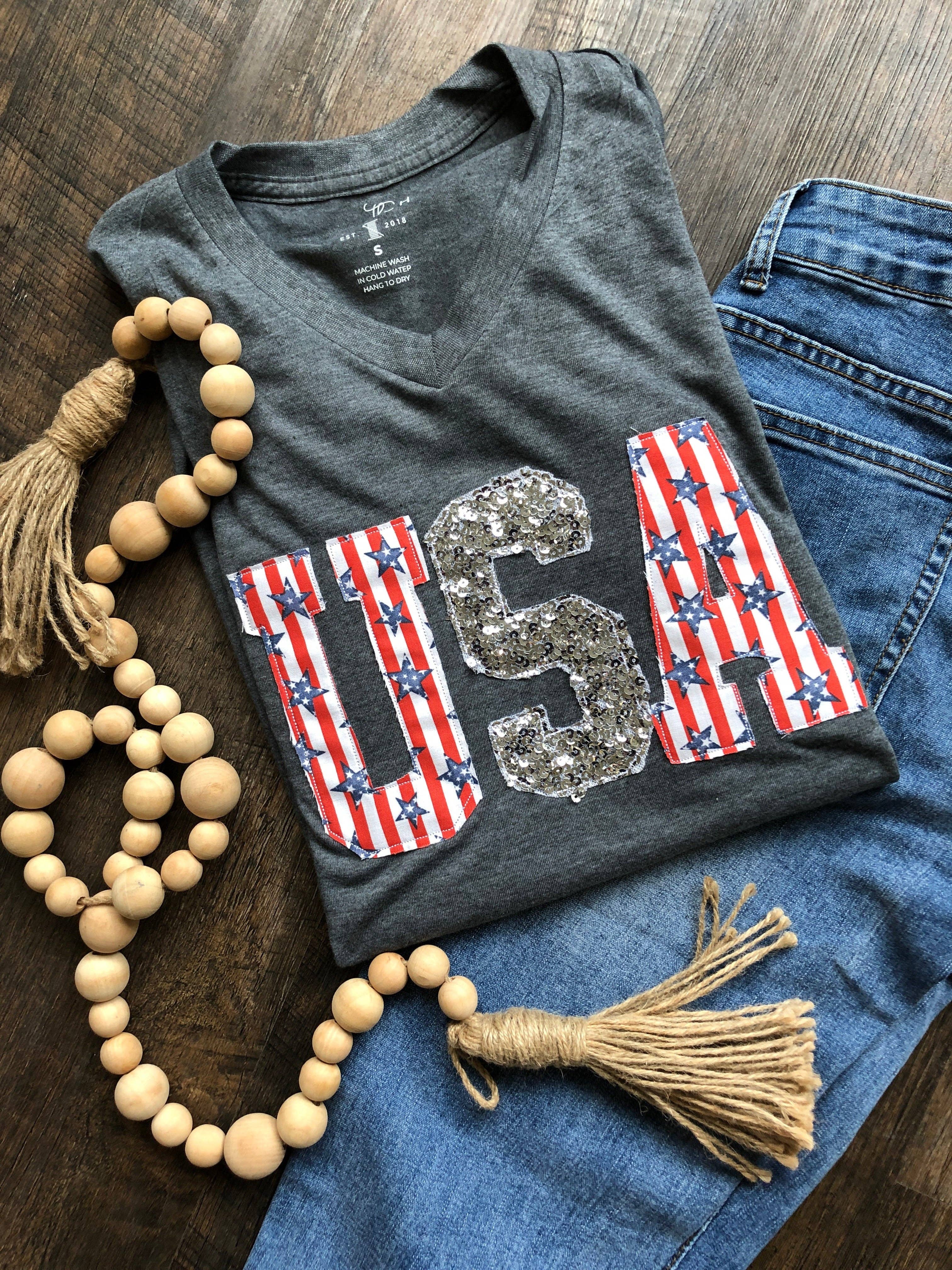 The White Stitch - Vendita all'ingrosso Maglietta - Donna - Stelle e strisce USA | Scollo a V1