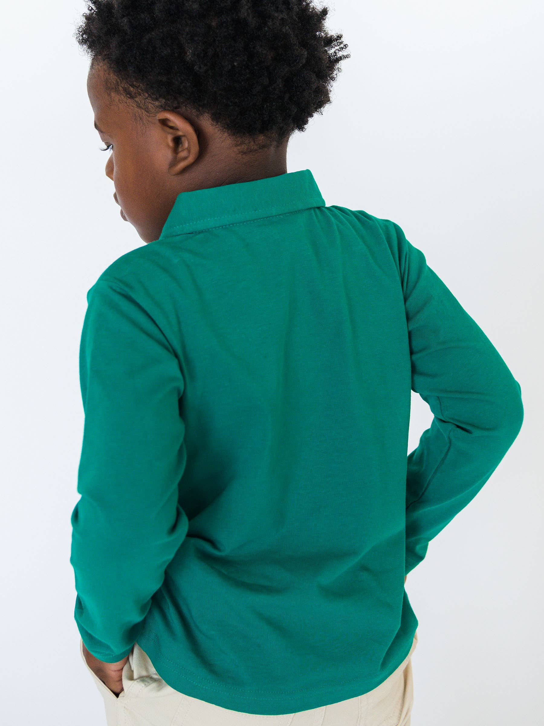 Boys Emerald Green Knit Long Sleeve Polo Shirt for wholesale on Faire1