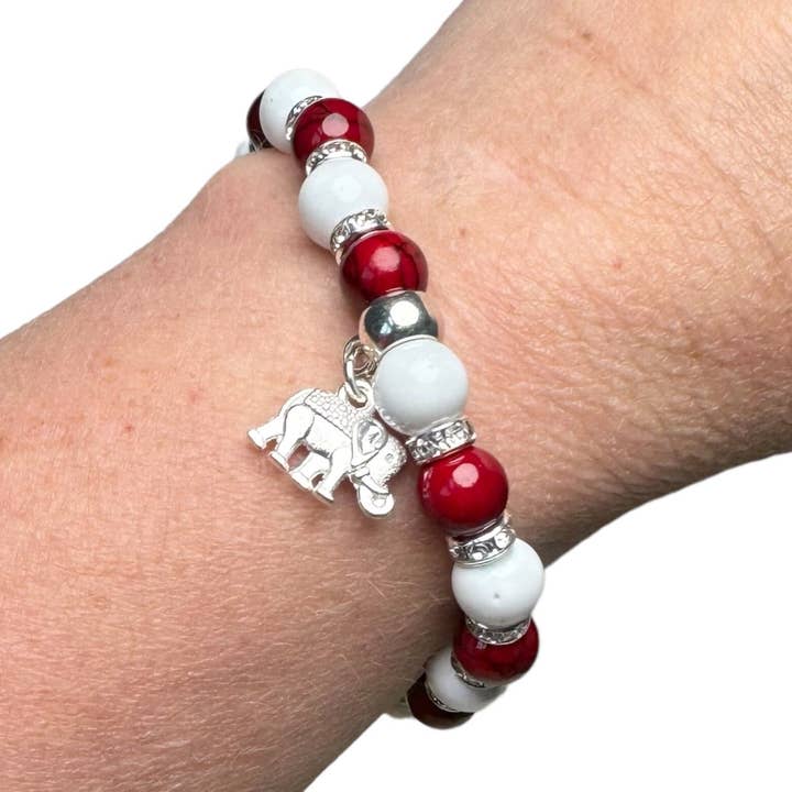 Crimson and White Glass Bead Game Day Bracelet for wholesale by Fish Towne Designs, LLC
