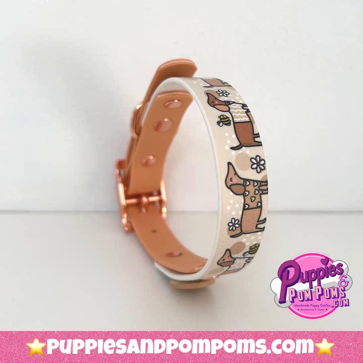 Puppies & Pom Poms - Wholesale Pet Collar - Dog - Bee Happy Dachshunds - Handmade Biothane Dog Collar - Tan2