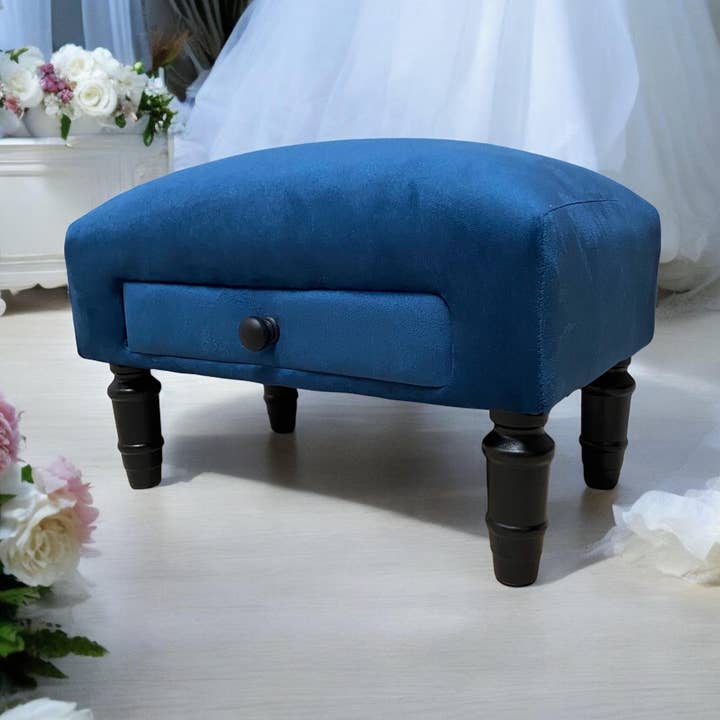 Blue Velvet Footstool With Drawer for wholesale by Minster Stylish Living Ltd