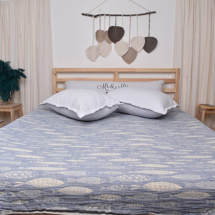 Organic Cotton Turkish Blanket, Sax Blue Animal Print for wholesale by Organic Turkish Towels