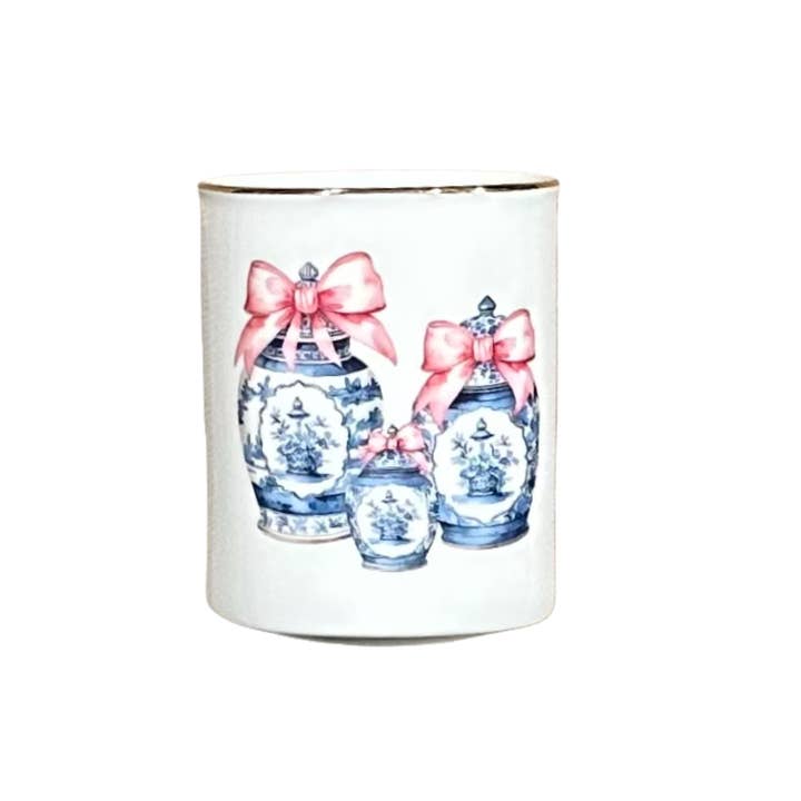Christmas Holiday Chinoiserie Pencil Cup w/ Jars & Bows for wholesale by The French Bee & Co