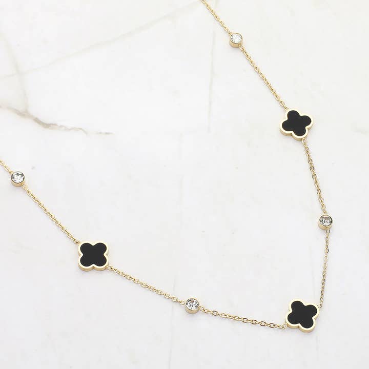 Wona Trading, Inc. - Wholesale Pendant/Charm Necklace - Stainless Steel Quatrefoil Stone Bezel Station Necklace