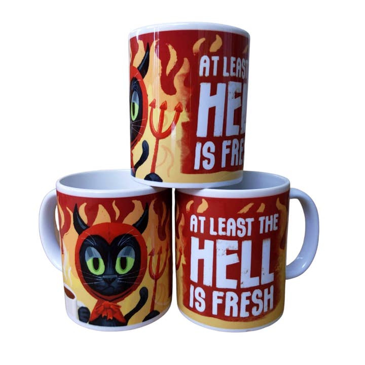 Mug à café Chat du diable 12 oz At Least the Hell is Fresh pour la vente par Matthew Made Art