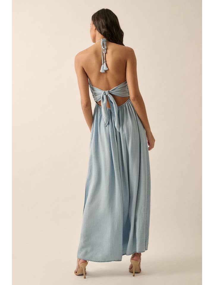 LIGHT CHAMBRAY Plunging Halter-Neck Solid Denim Maxi Dress for wholesale on Faire5