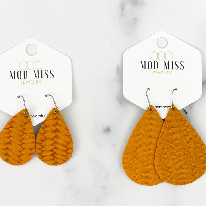 Leather Teardrop Earring "Weaved Mustard Yellow'' for wholesale by The Mod Miss