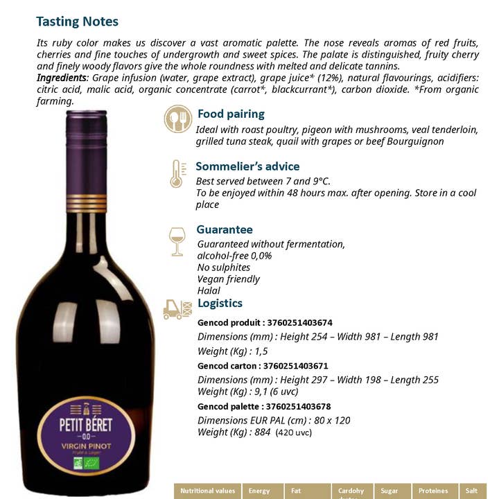 Le Petit Beret - Wholesale Non-Alcoholic Spirits/Wine/Beer - Premium Wine Virgin Pinot Noir 0% ABV Certified Organic1