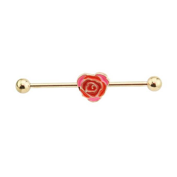 PINK HEART ROSE CENTERED ROSE GOLD PLATED INDUSTRIAL BARBELL for wholesale by CRAVE