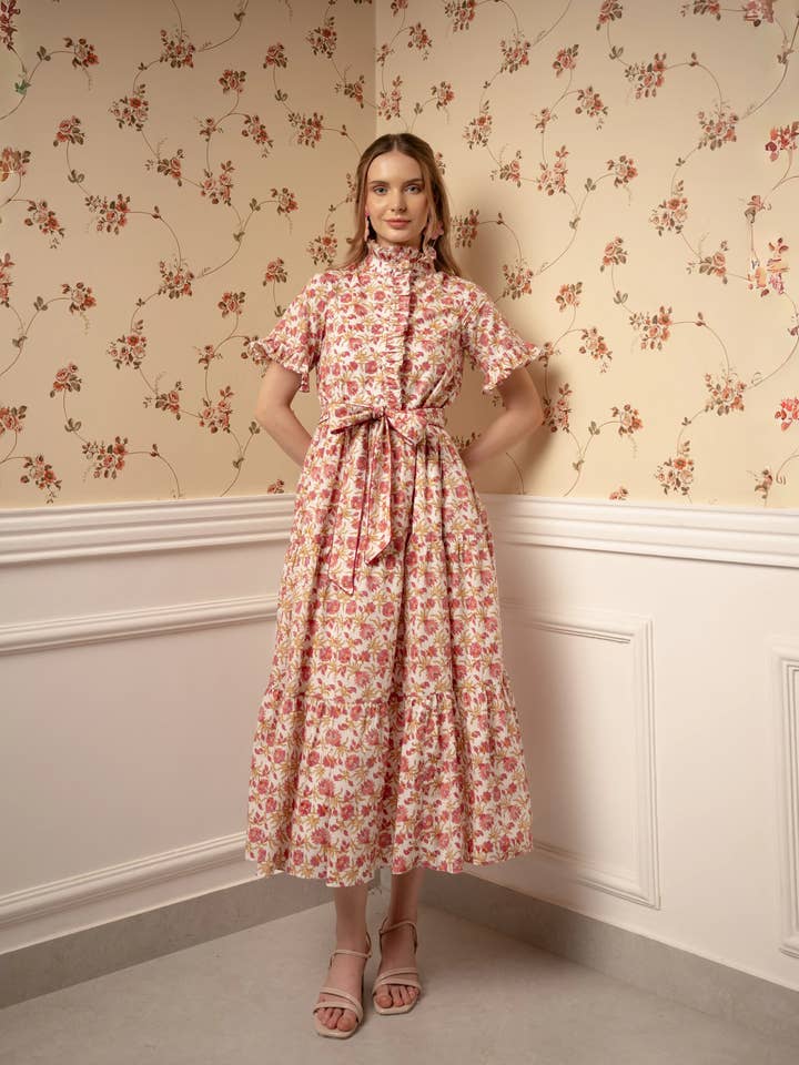 Midi Dress | Hand Block Print Dress | Pink/Brown | Sofia and other Purchase Wholesale sofie the label. Free Returns & Net 60 Terms on Faire trending on Faire.