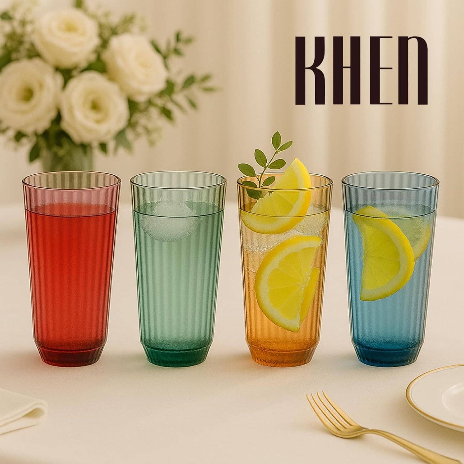 The Wine Savant /  Khen Glassware - Wholesale Drinking Glass/Cup - Ribbed Drinking Glasses, 11.8oz Multicolor – Set of 44