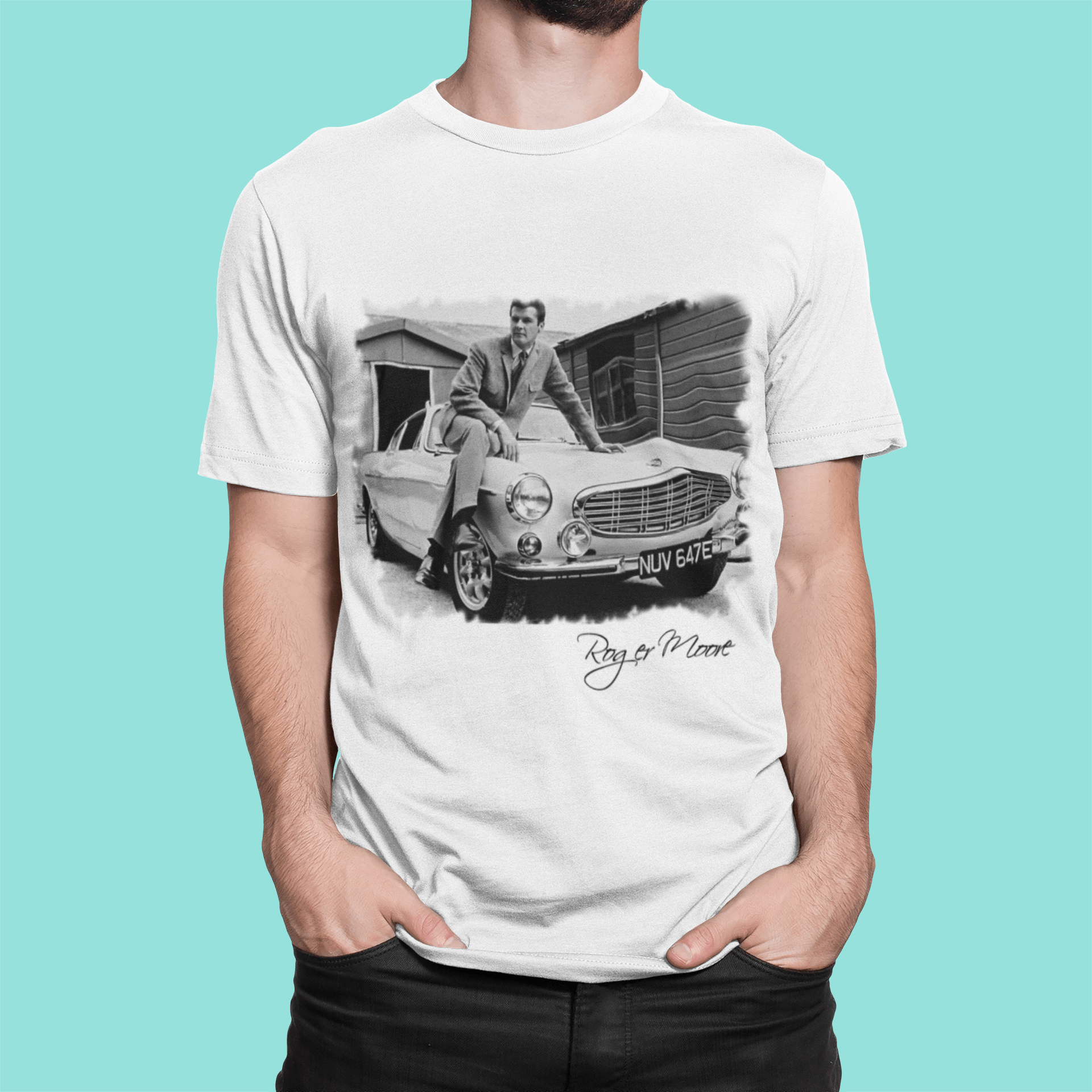 Blanc Roger Moore Car, t Shirt Homme, Roger Moore, Cadeau Homme for wholesale on Faire1