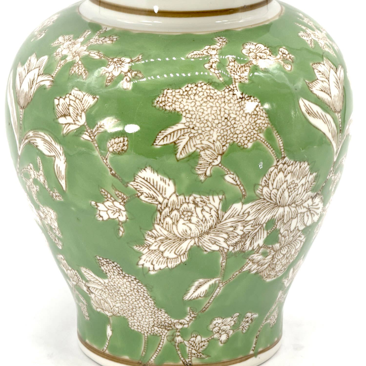 Galt International Company - Wholesale Decorative Jar - Green & White  Floral Peony Ceramic Chinoiserie Jar 12"3