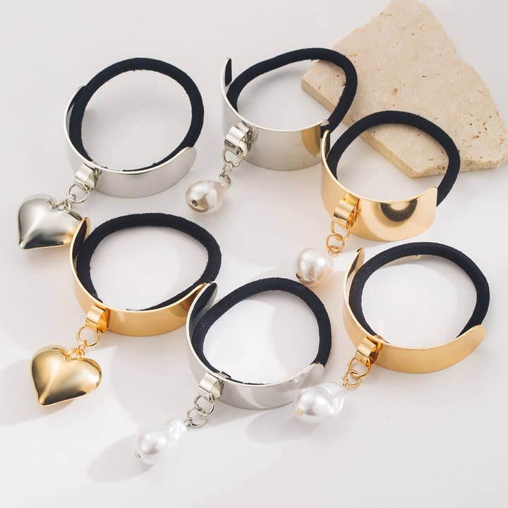 ACCITY - Wholesale Hair Tie - Gold Waterdrop Heart Pendant Elastic Hair Tie_CWAHA61866
