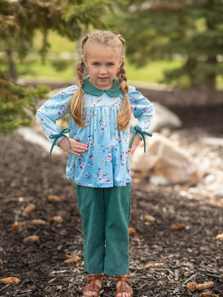 Kids Dark Teal Corduroy Pocket Bow Winter Pant Set for wholesale by Wren & James