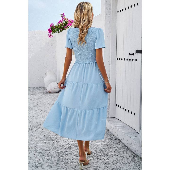 Shoppe247 – Engroshandel Kjole - Dame – Swiss Dot Ruched Color Block V-hals flæsekjole