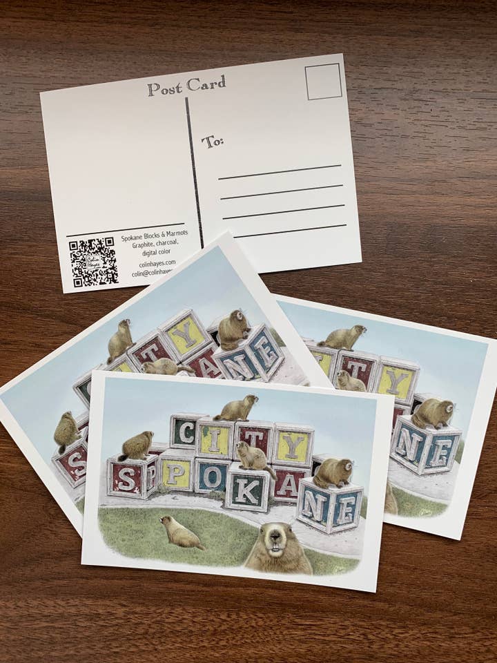 Postcard: Spokane blocks & marmots, from original art for wholesale by Colin Hayes Art