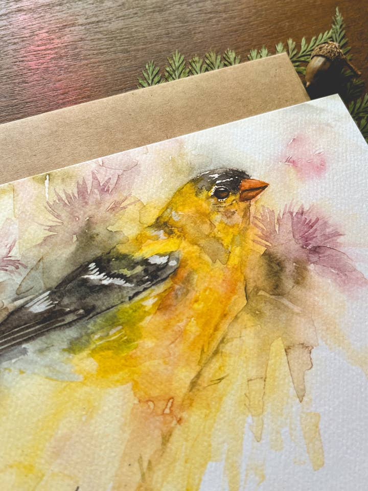 American Goldfinch Watercolor A7 greeting card for wholesale by The Painter’s Nest