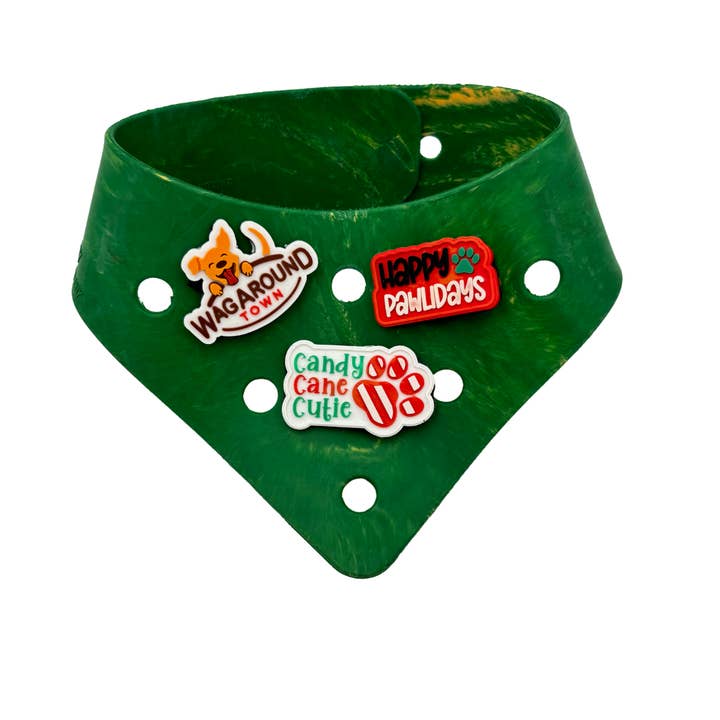 Charmdana-Rubber Dog Bandana with Charms-Green- Christmas for wholesale by Wag Around Town